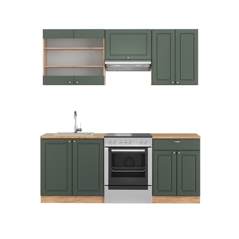 Vicco Küchenzeile Küchenblock Einbauküche Fame-Line Landhaus Eiche Grün Gold 200 cm Küchen Schränke Schubunterschrank Spülenunterschrank Hängeschrank Hängeglasschrank
