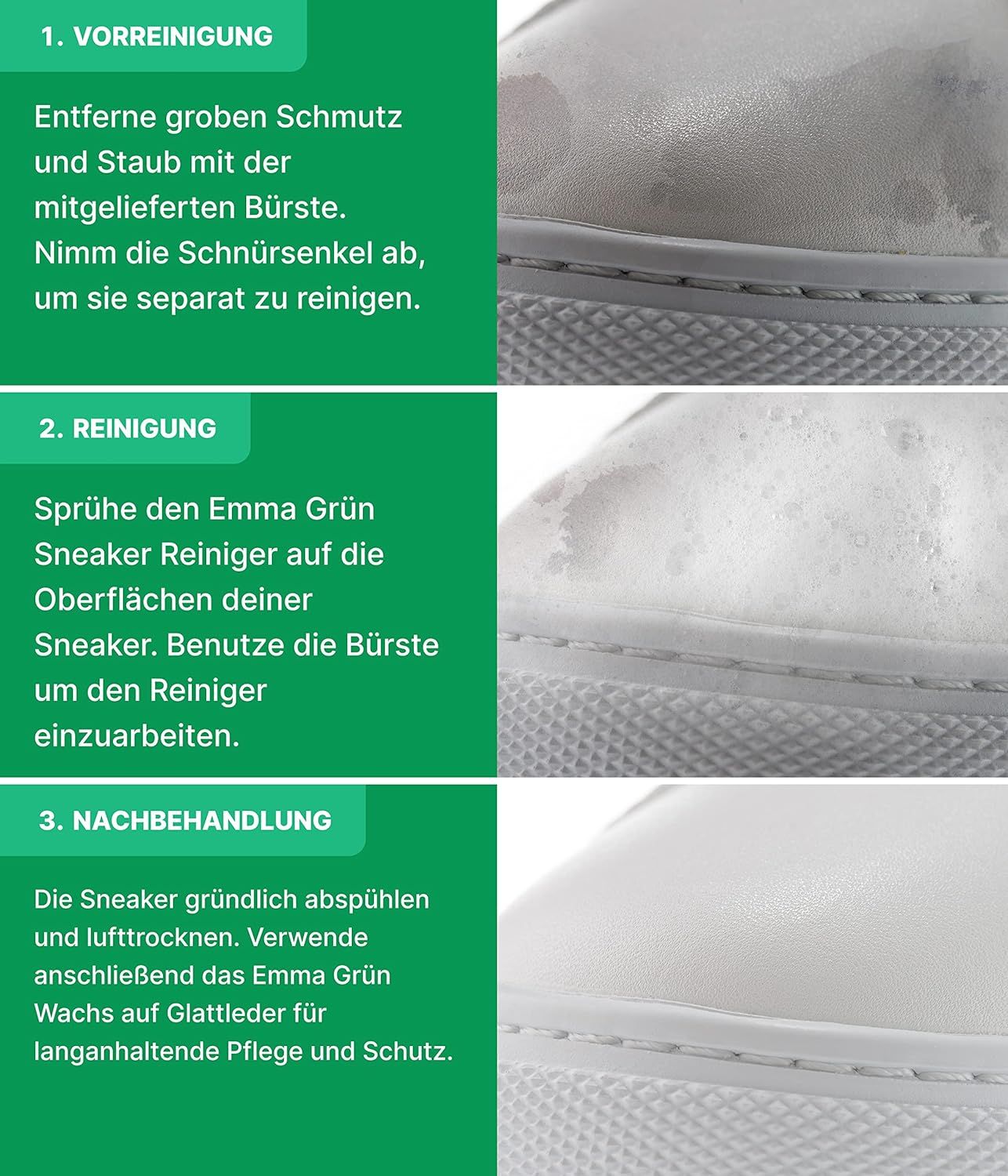 Emma Grün® Sneaker-Reinigungsset mit Putzmittel & Premium Schuhwachs inkl. Schwamm & Schuhbürste