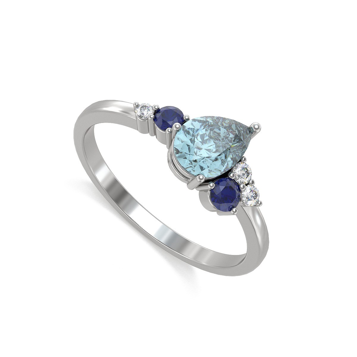 Bague ADEN Or 585 Blanc Aigue-Marine Saphir et diamants 2.296grs
