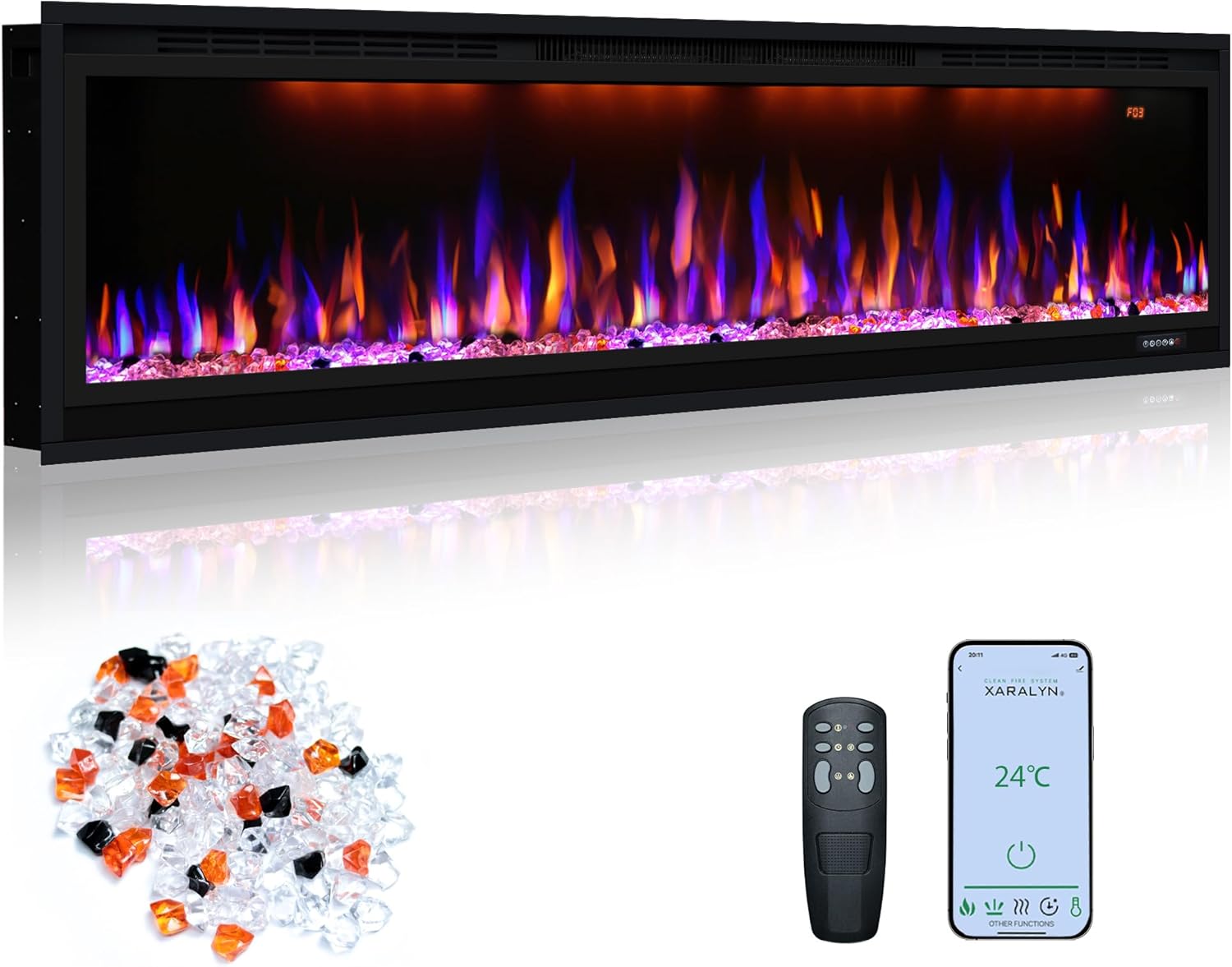 Elektrischer Kamin, schmaler Einbaukamin mit Fernbedienung, mehrfarbige Flammeneffekte mit realistischen Holzscheiten, Thermostat mit Timer, 750/1500 W, Schwarz
