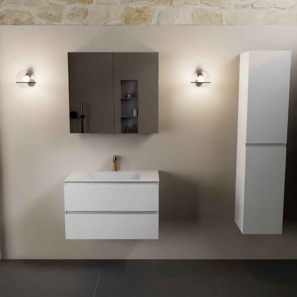 Mondiaz Aivy badmeubel 80cm talc met wastafel solid surface talc midden 1 kraangat en spiegelkast