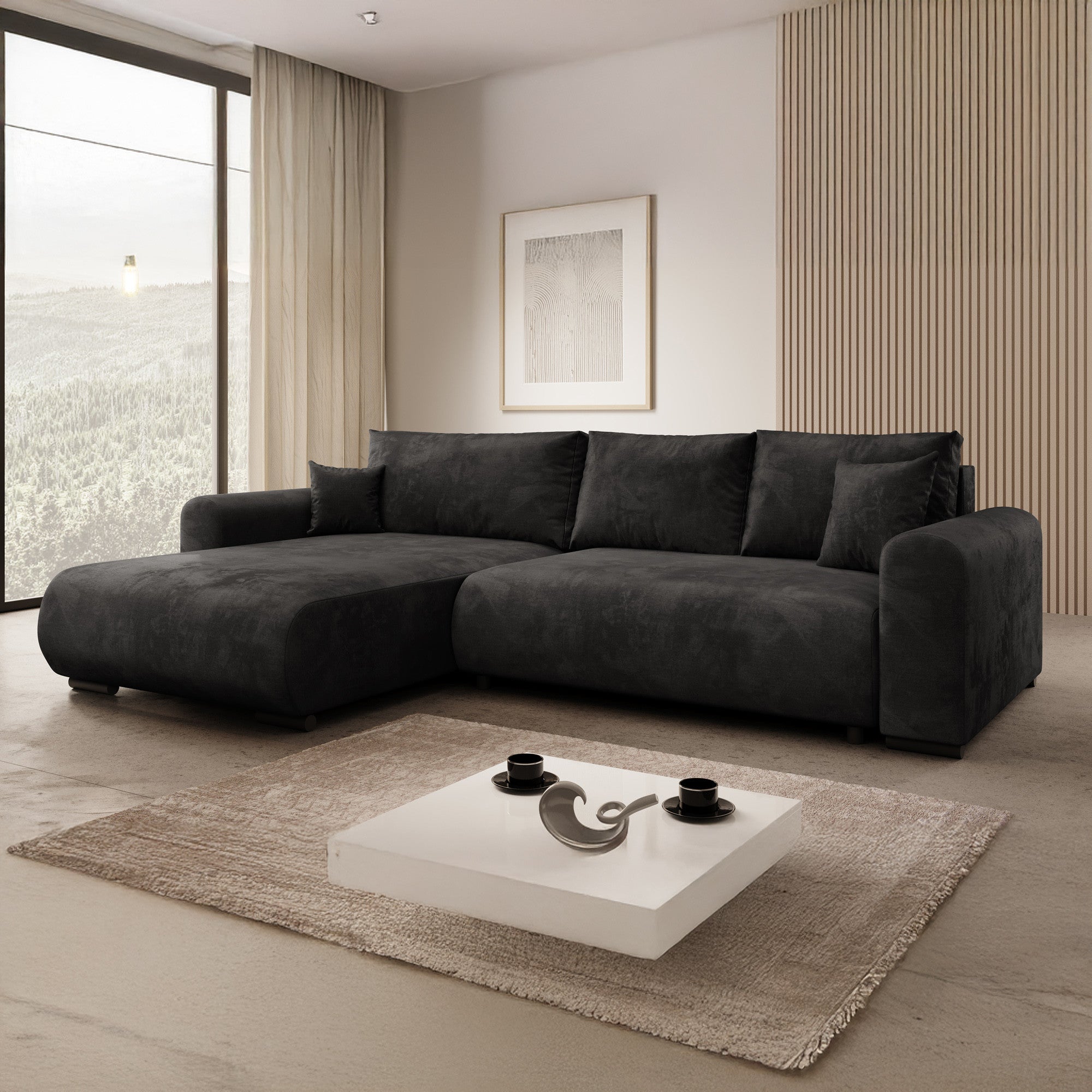 Mindin - Hoekbank 3-zits met chaise longue - Velvet zwart - Universeel