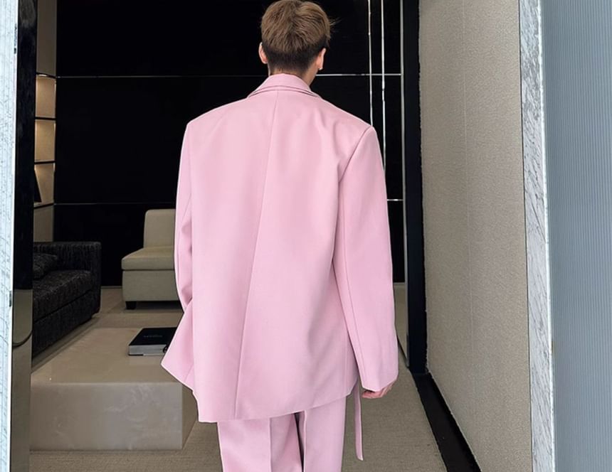 Omozando - Set: Mock Two-Piece Peak Lapel Plain Buttoned Slit Blazer + Mid Rise Wide Leg Dress Pants