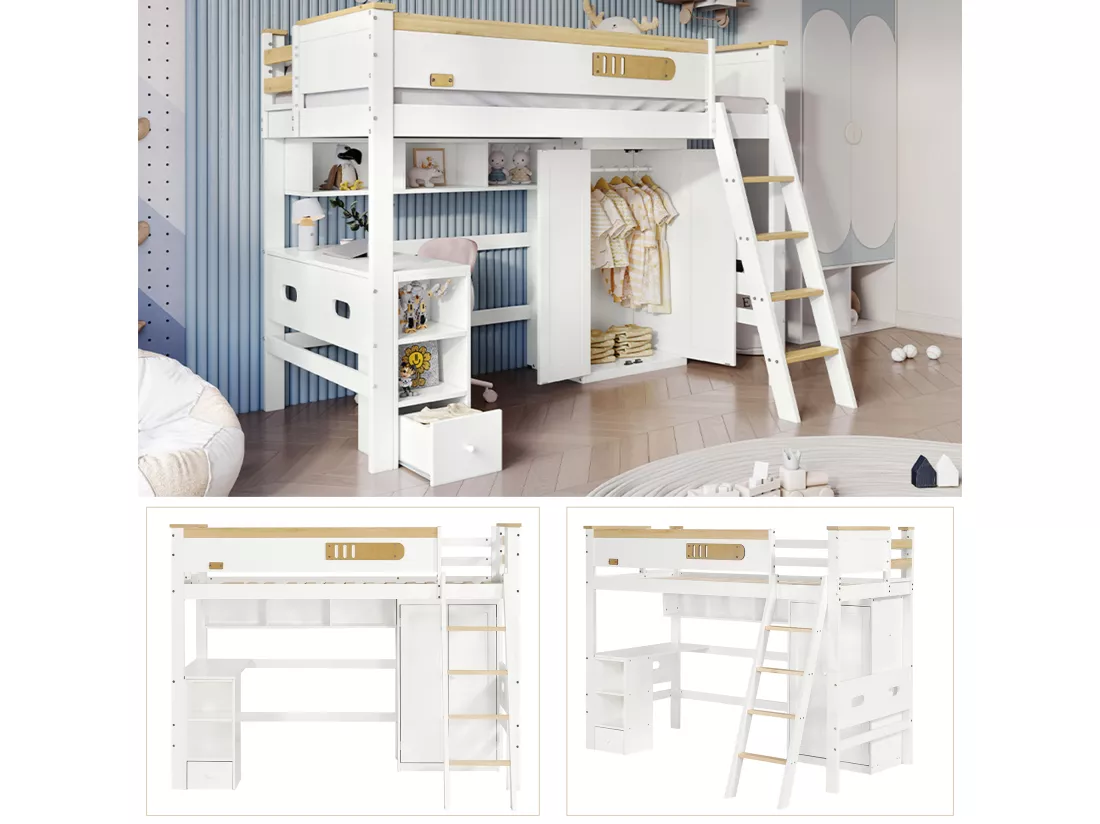 Lit mezzanine 90 x 200 cm avec bureau, armoire et étagères de rangement - Pin+MDF+contreplaqué - Blanc et naturel
