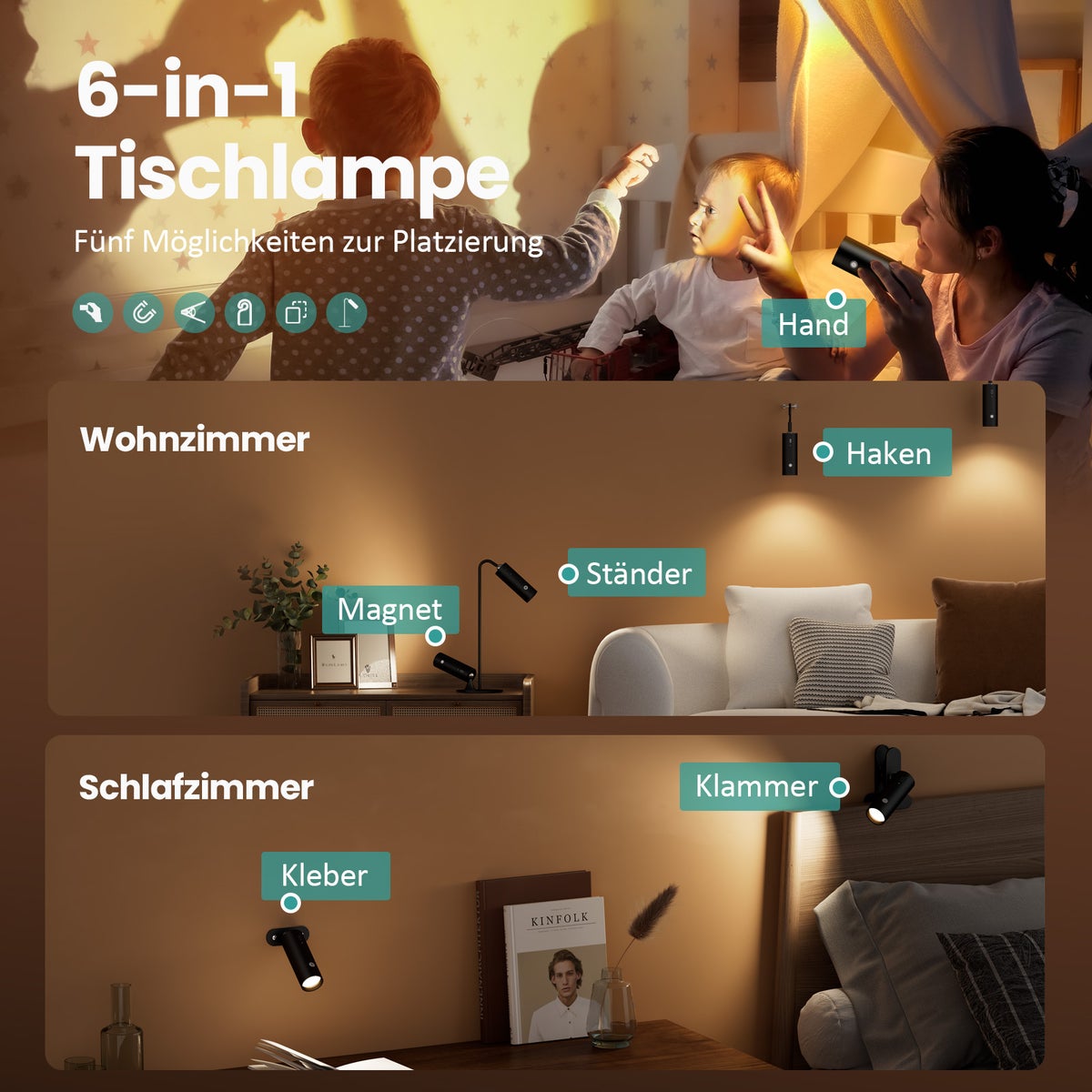 EMKE 6-in-1 LED-tafellamp, draadloos, oplaadbaar en dimbaar, aanraakbediening, 3 kleurmodi, 360° verstelbare magnetische wandlamp, USB-C, IP20, zwart - ideaal voor gebruik binnen en buiten