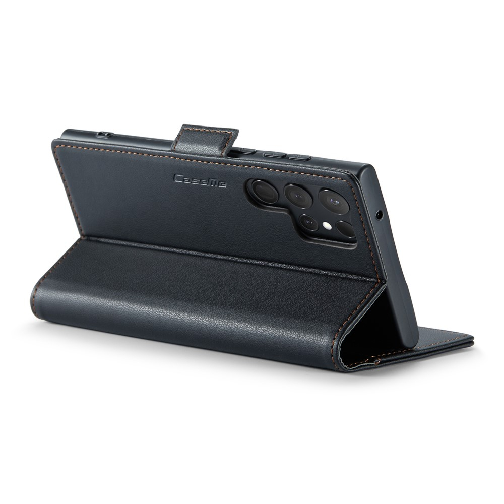Samsung Galaxy S23 Ultra 5G Leder Tasche Flip Wallet Etui mit Kartenfächern Litchi Look (RFID Schutz) - Schwarz