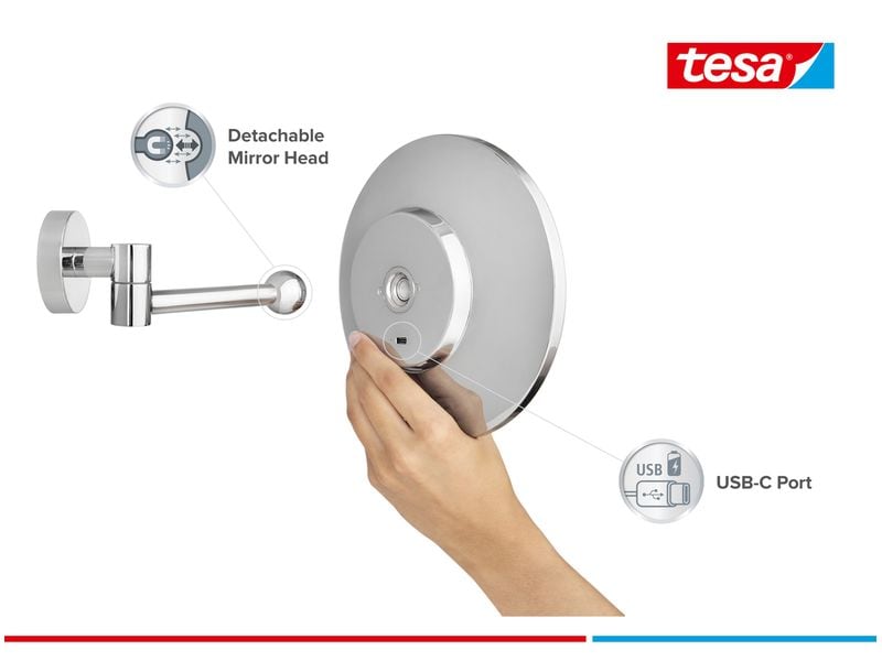 tesa Kosmetikspiegel Visioon LED, Chrom Runder Vergrösserungsspiegel mit LED-Beleuchtung, fünffacher Vergrösserungsfunktion für Details