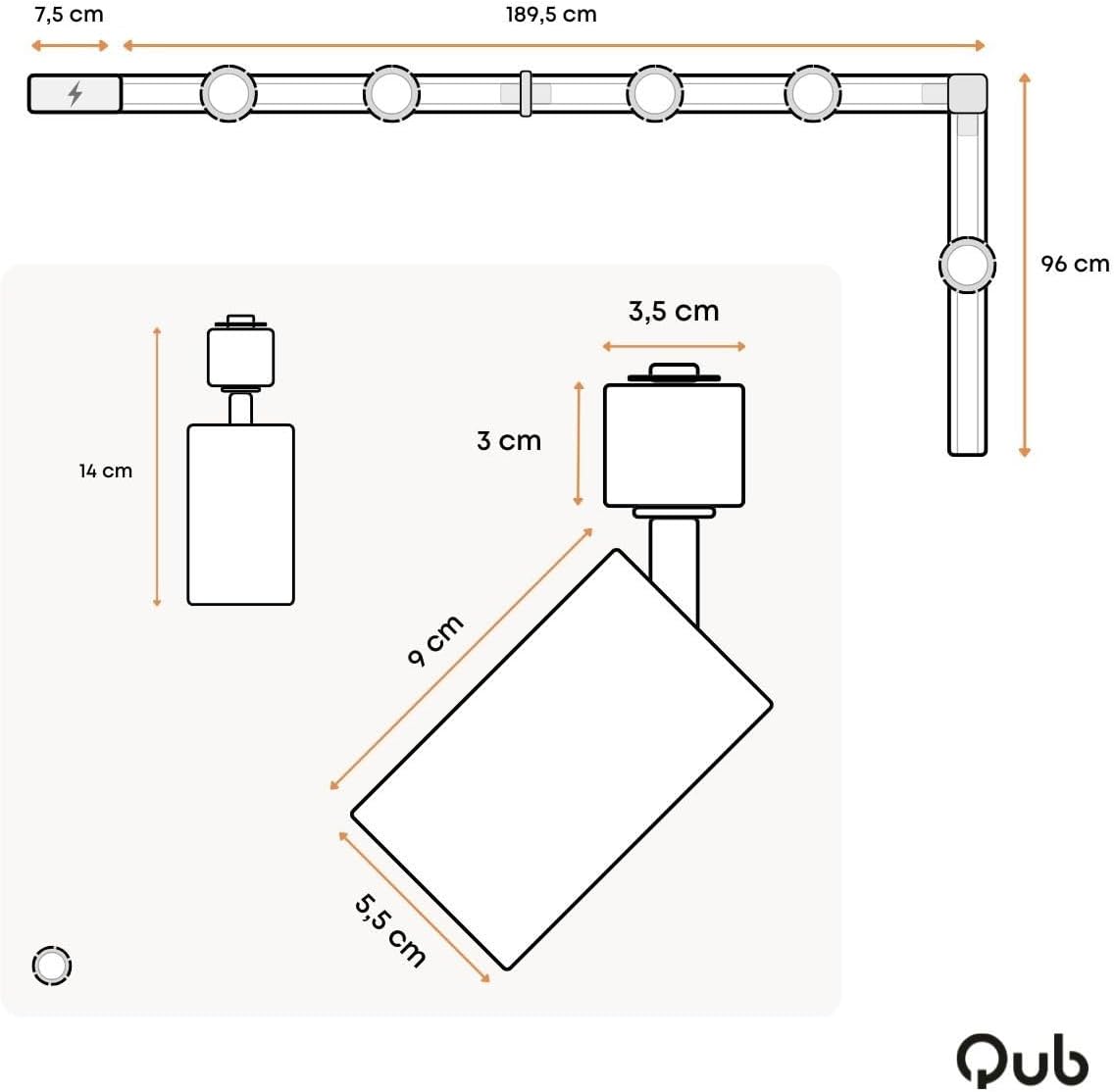 Qub Focus III 1-Phasen Led Schienensystem - 300cm - 5x GU10 Spots - 3x 1m Schienen - L-Form - Deckenstrahler Schwarz - Erweiterbar & flexibel - LED-kompatibel - Modernes Design Spot lampe
