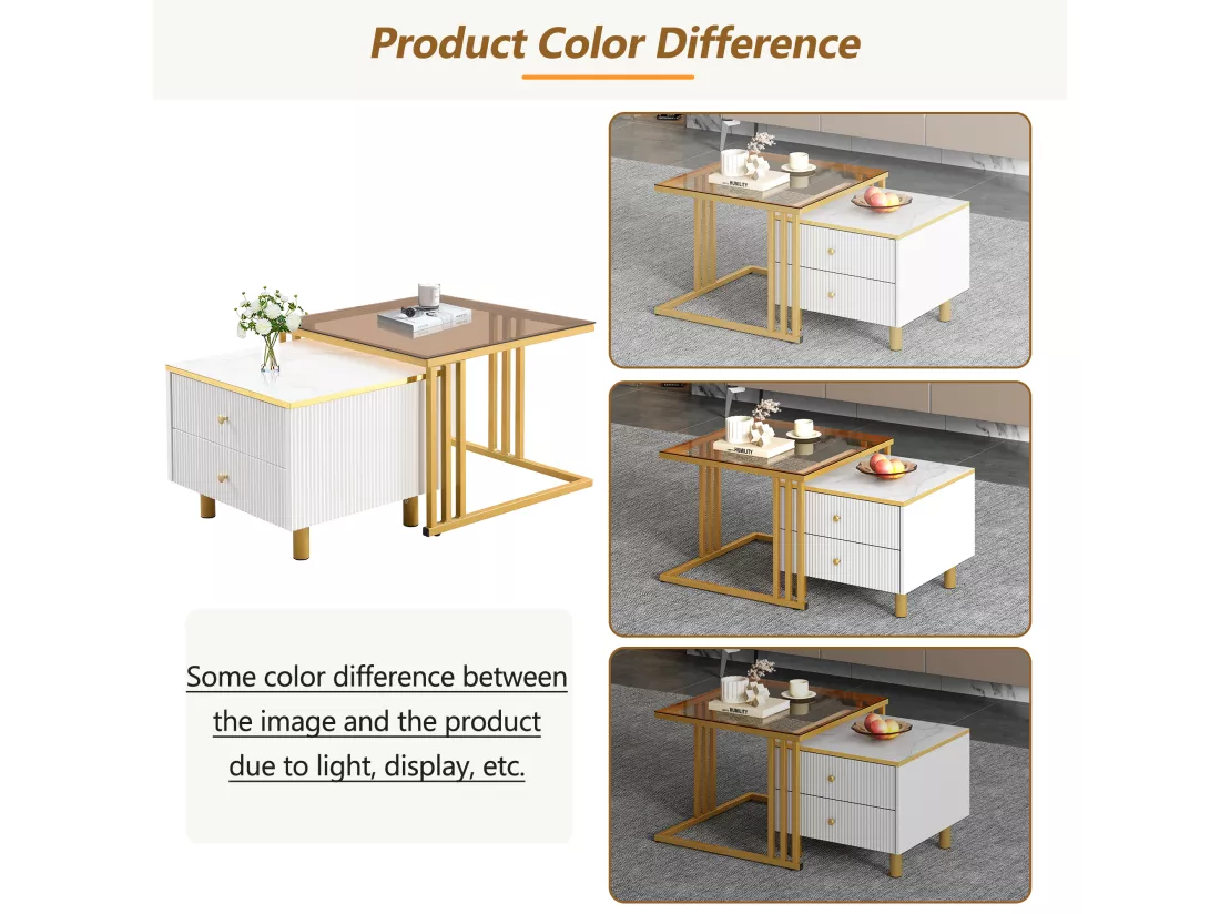Lot de 2 tables basses gigognes carrées avec 2 tiroirs - 59,5x60x45,6cm + 50x50x40cm - Motif à marbre - Bois MDF et métal - Blanc + or