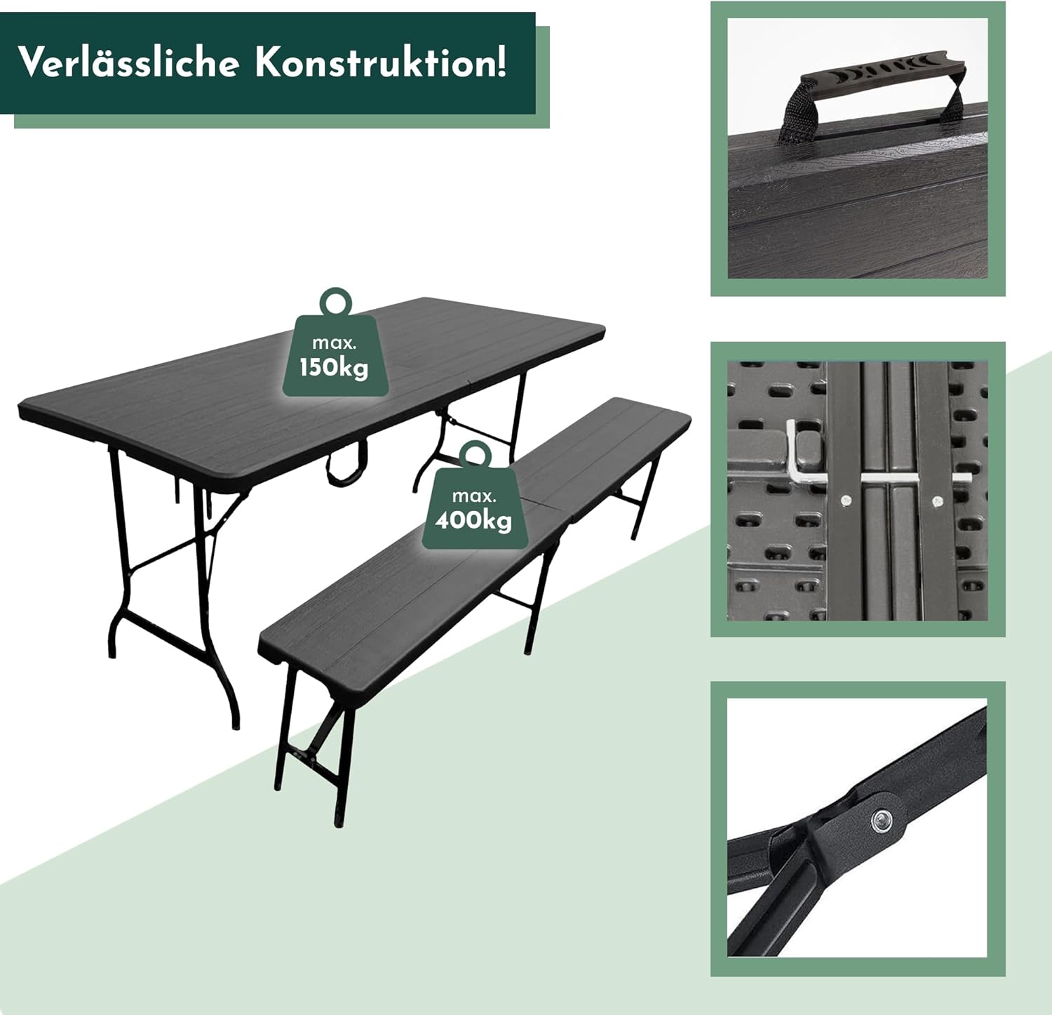 Lemodo Sitzgruppe bestehend aus Tisch und 2 Bänke Bierzeltgarnitur klappbar, 3-teilige Biertischgarnitur, einfach zu transportierende Bierbankgarnitur, Gartengarnitur
