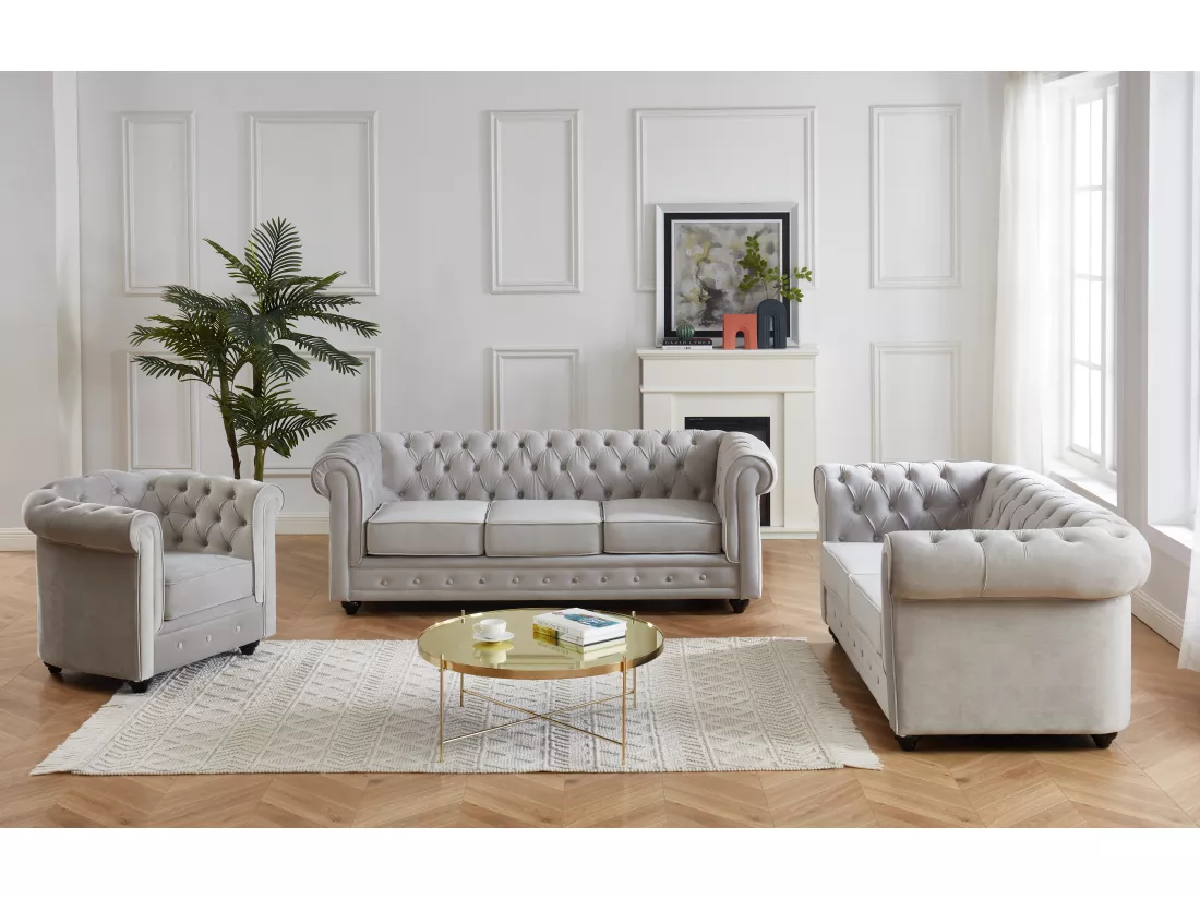 Canapés 3 places 2 places et un fauteuil CHESTERFIELD - Velours gris clair