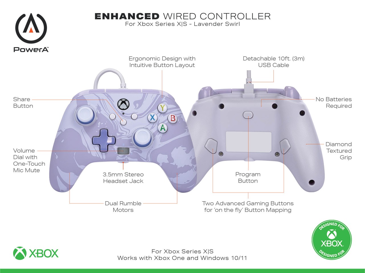 PowerA Enhanced Wired Controller - Xbox Series X/S - Lavender Swirl