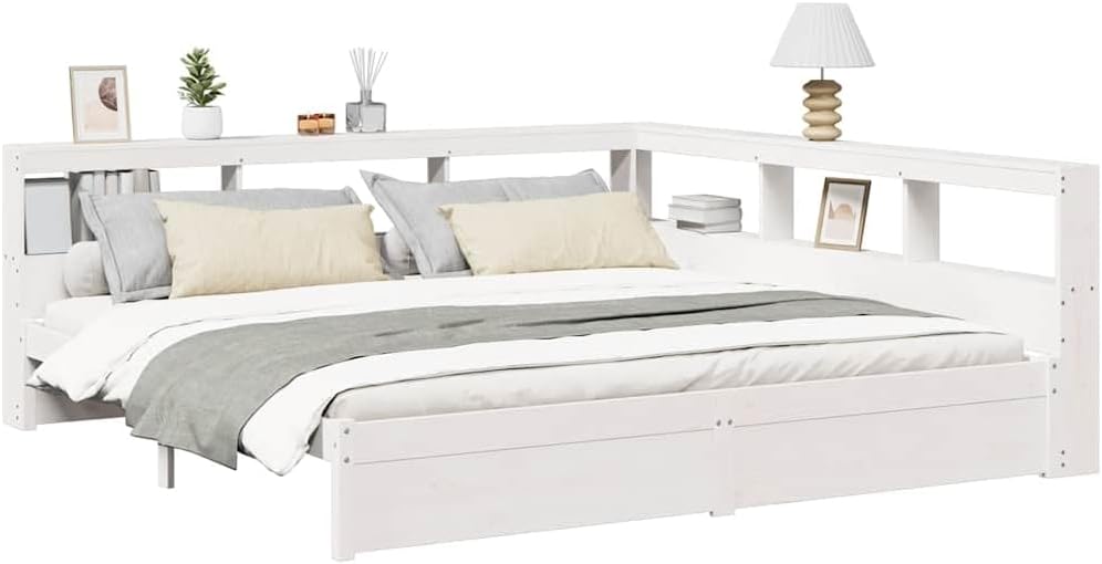Massivholzbett mit Regal ohne Matratze Kiefer, Holzbett mit Regal, Massivholzbett mit Regal, Bett, Holzbett mit Bücherregal Weiß,180 x 200 cm
