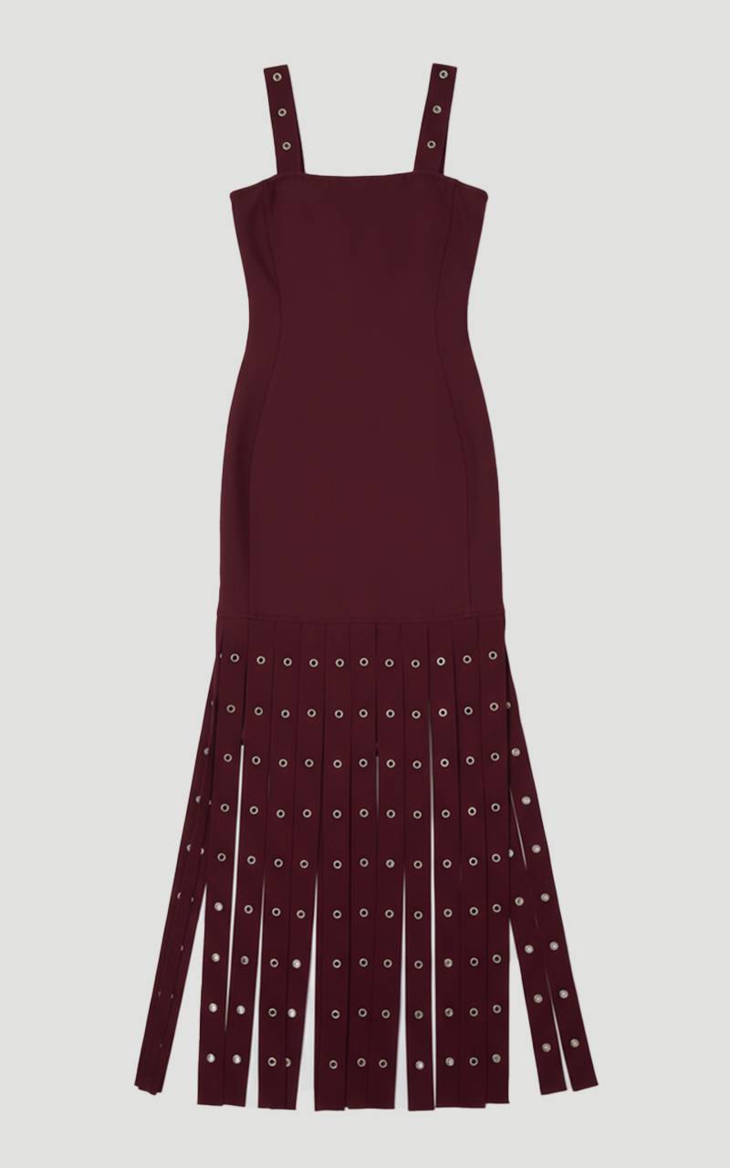 KarenMillen Robe Midi Moulante à Franges avec Détails Œillets et Bretelles
