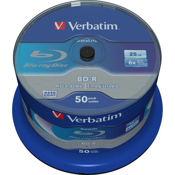 Verbatim BD-R Blu-Ray 25GB 6x Speed Datalife No-ID Cakebox 50un - 43838
