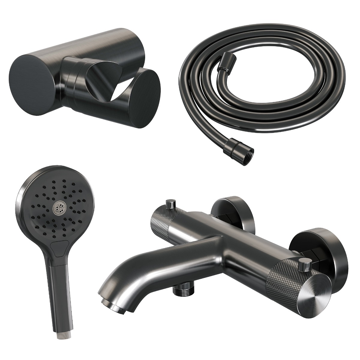 Brauer Gunmetal Carving thermostatische badkraan met wandhouder en 3 standen handdouche gunmetal geborsteld PVD