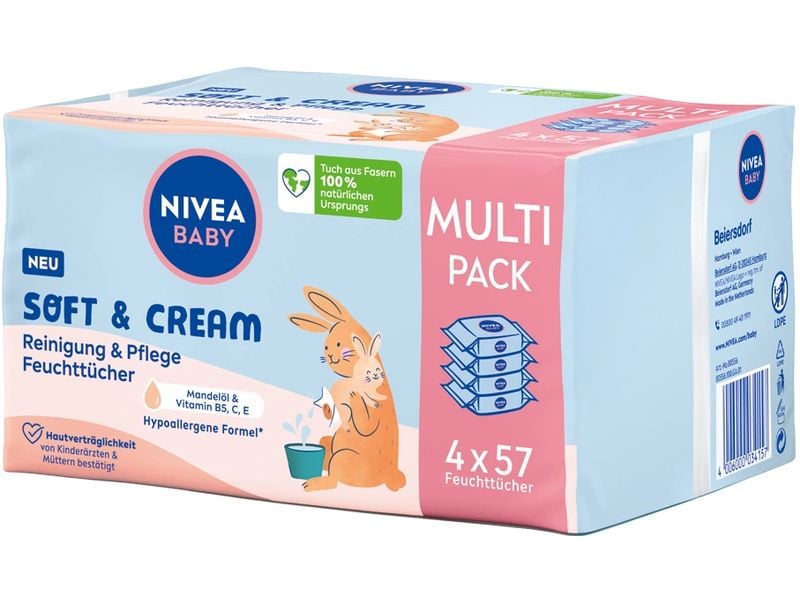 NIVEA BABY Feuchttücher Soft & Cream Multipack 4 x 57 Stück Soft & Cream Wipes für zarte Babyhaut