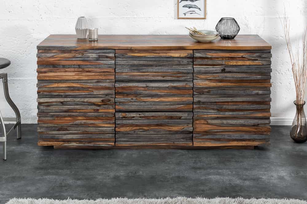 Massivholz Sideboard RELIEF 160cm Sheesham grau smoke finish Kommode mit Schubladen