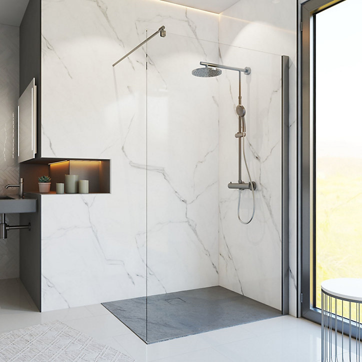 Paroi de douche à l'italienne 200 x 100 cm verre transparent anticalcaire profilé finition gun metal Schulte NewStyle