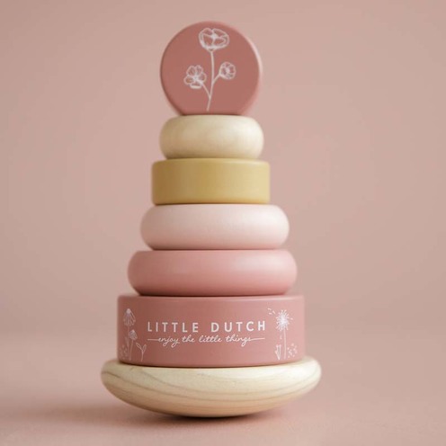 Pyramide anneaux en bois Fleurs Rose - LITTLE DUTCH