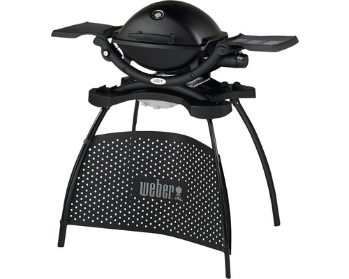 Weber Q 1200 Stand Black Gasbarbecue, 1 roestvrijstalen brander, 2,49 kW, grilloppervlak van 43 x 32 cm, gietijzeren grillrooster, deksel en behuizing van gegoten aluminium, inclusief standaard, geïntegreerde thermometer, elektronische ontsteking, ve