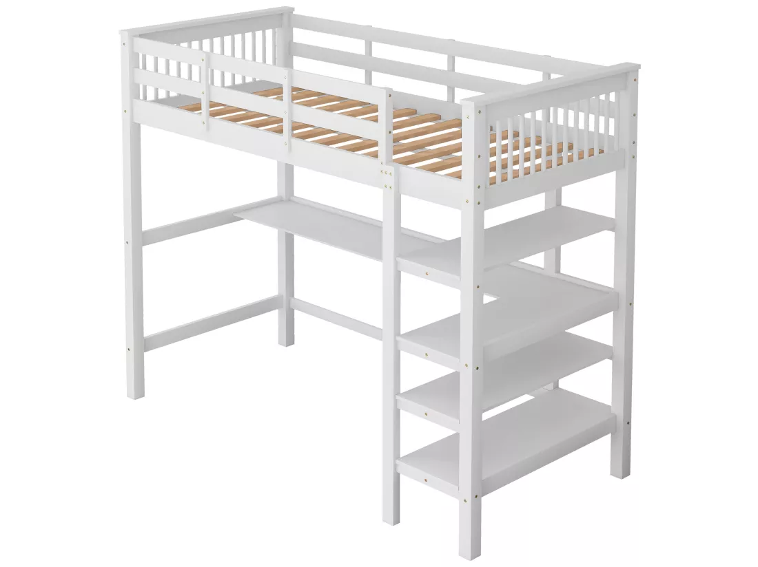 Lit mezzanine 90 x 200 cm pour enfant - bureau + étagères de rangement - blanc
