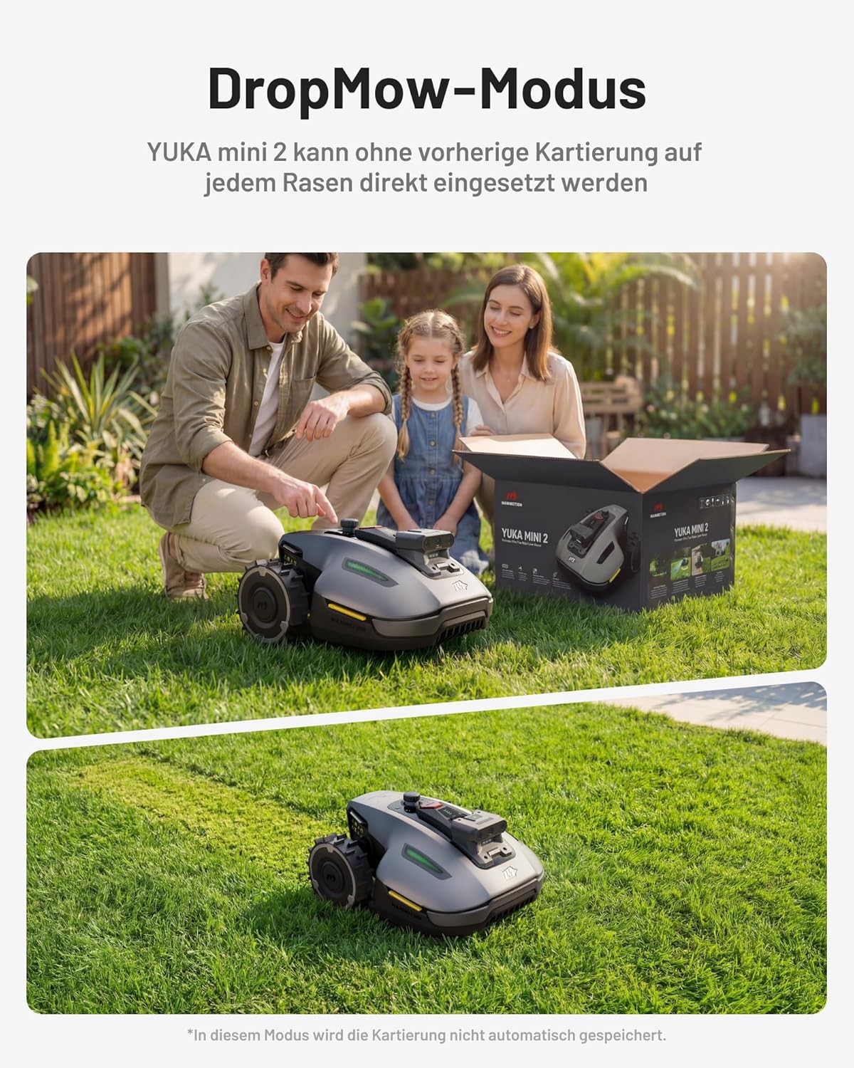 MAMMOTION YUKA mini 2 500 Mähroboter ohne Begrenzungskabel, Empf. 500 m², AI-gestützte DREI-Kamera-Bildverarbeitung Rasenmäher Roboter, Auto-Mehrzonen-Kartierung, DropMow, Manuelle Kartenbearbeitung
