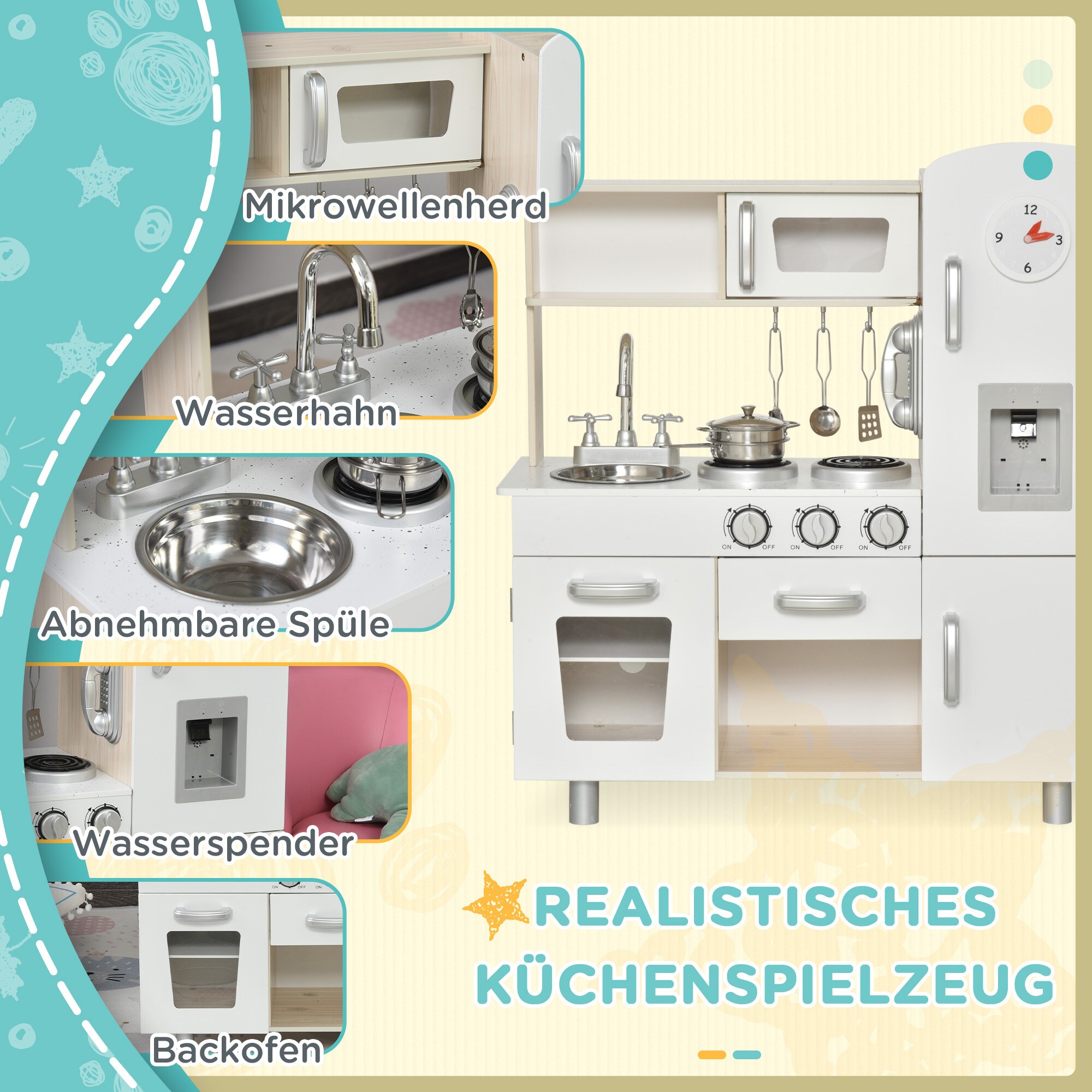 HOMCOM Kinderküche mit Zubehör weiß 74 x 30 x 81 cm (BxTxH)