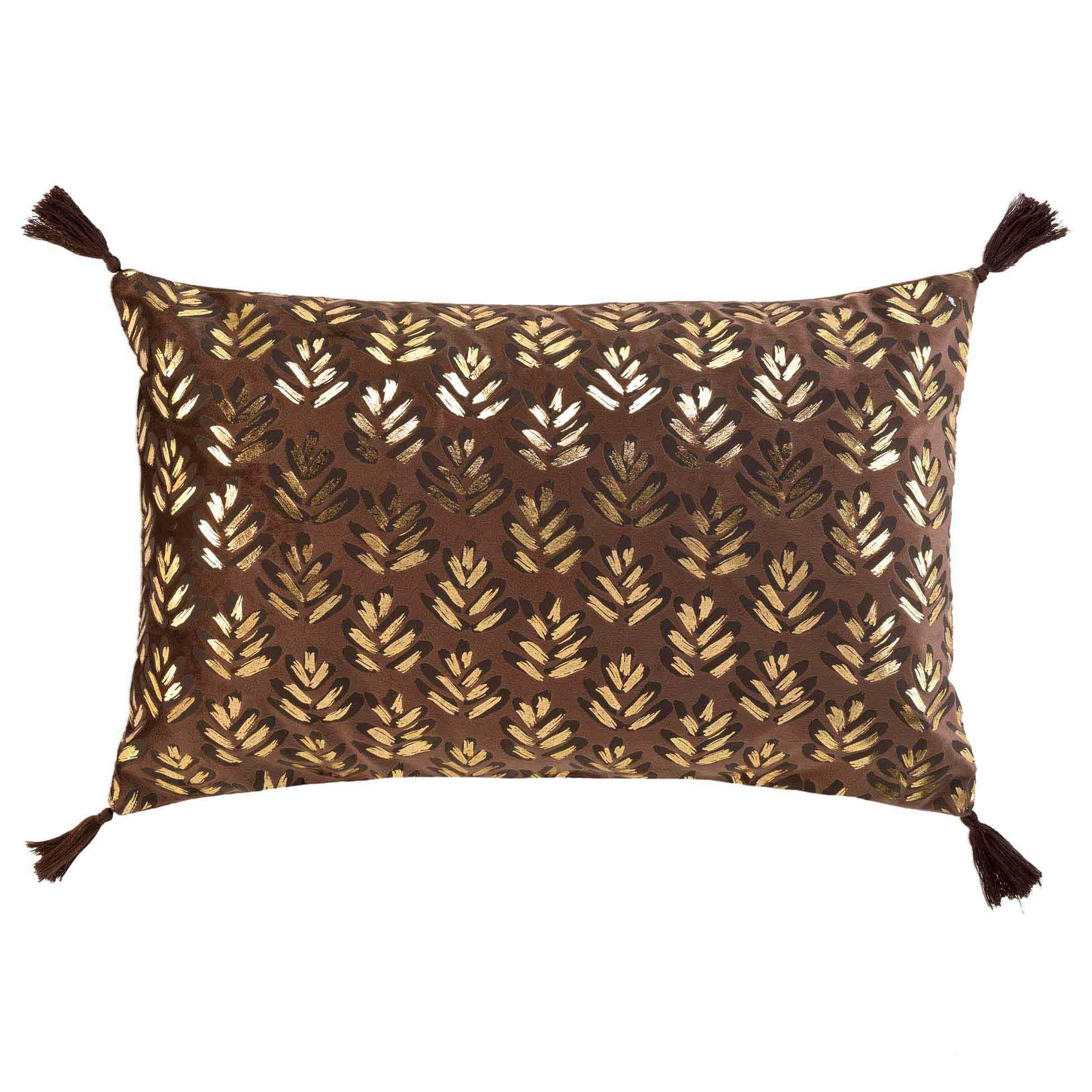COUSSIN POMPONS 30X50CM VELOURS METALLISE EVIE CHOCOLAT