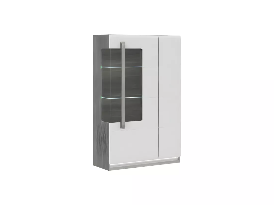 Vitrine 139 cm 2 portes blanc laqué et décor chêne gris - ALEXIANE