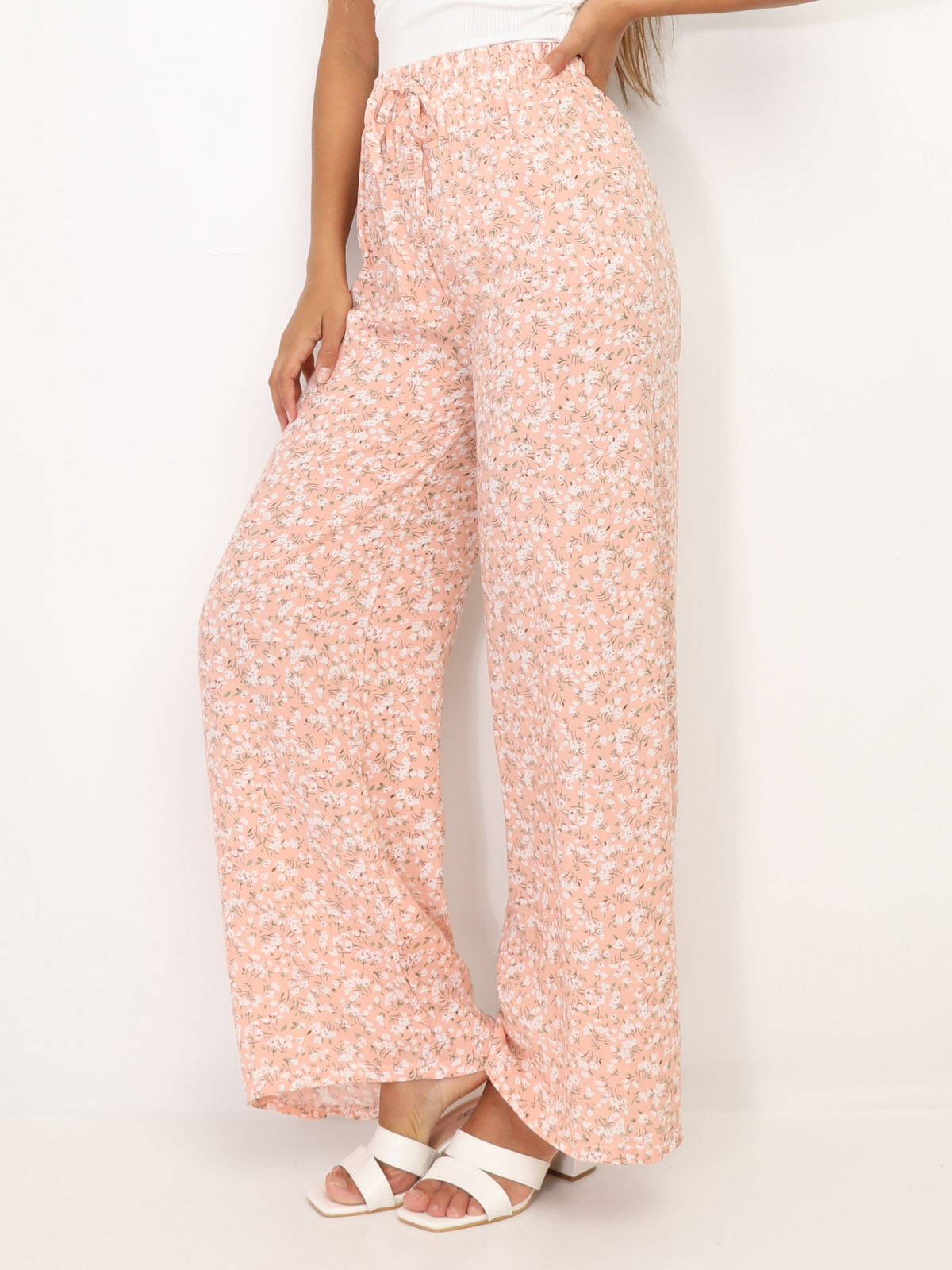 Pantalon fluide à motif floral- Rose