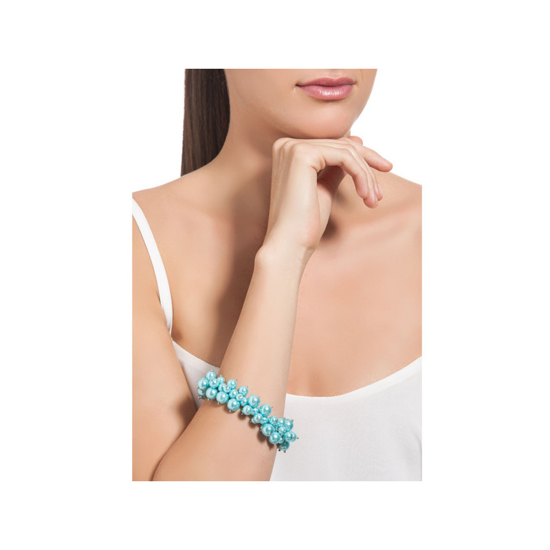 Bracelet Multi Perles Bleu Ciel et Plaqué Rhodium