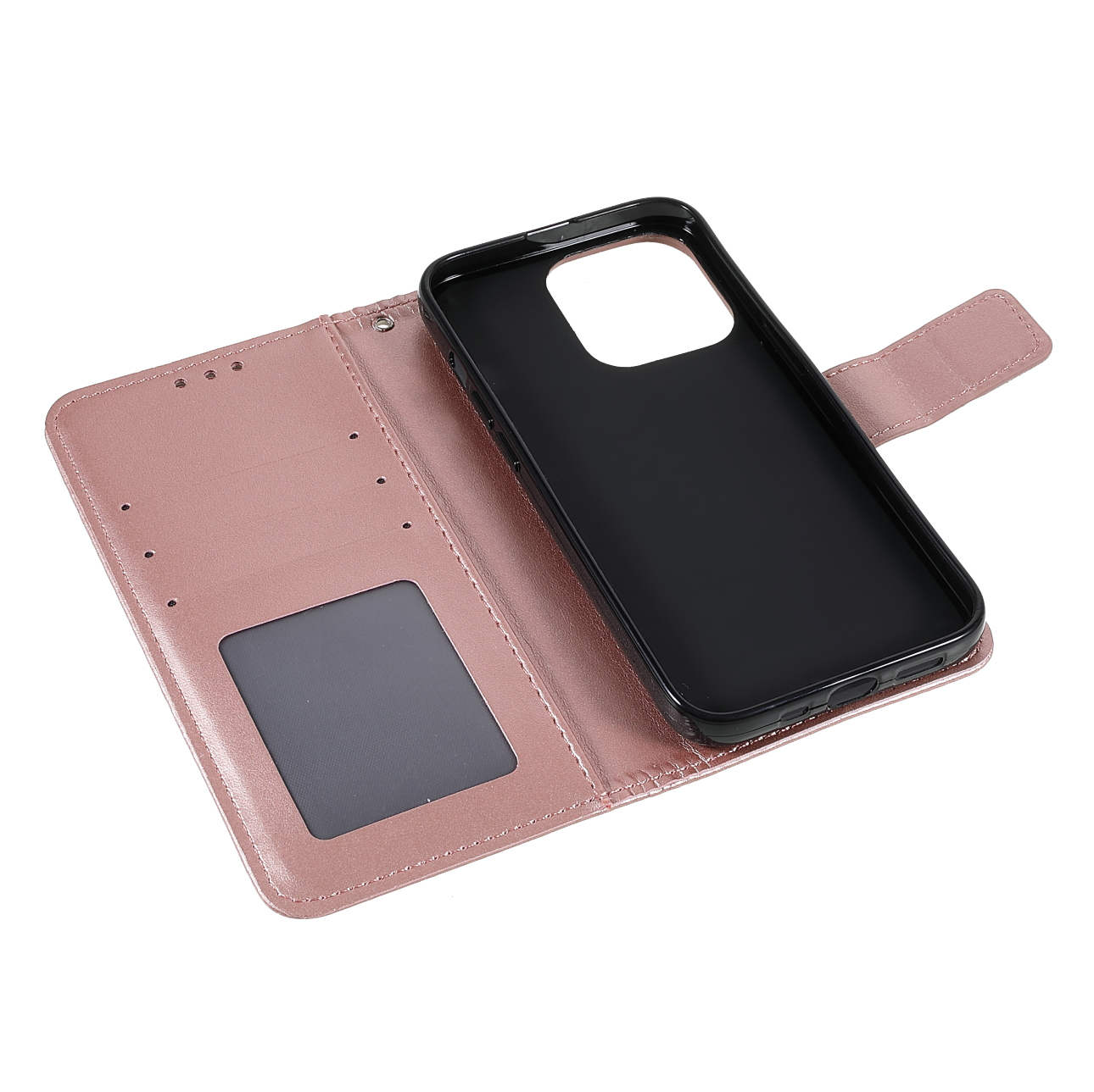 iPhone 13 Pro Leder Tasche Wallet - Mandala Flowers Imprint - Roségold