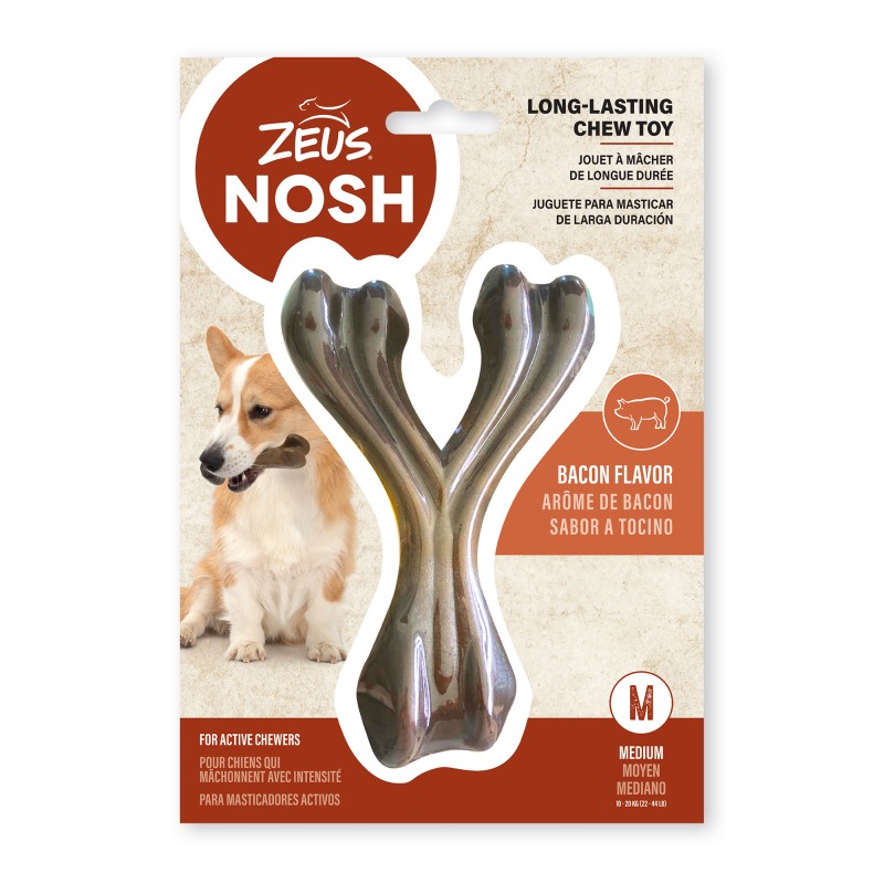Brinquedo para mastigar Zeus Nosh Strong em formato de osso da sorte, sabor bacon, 11 cm