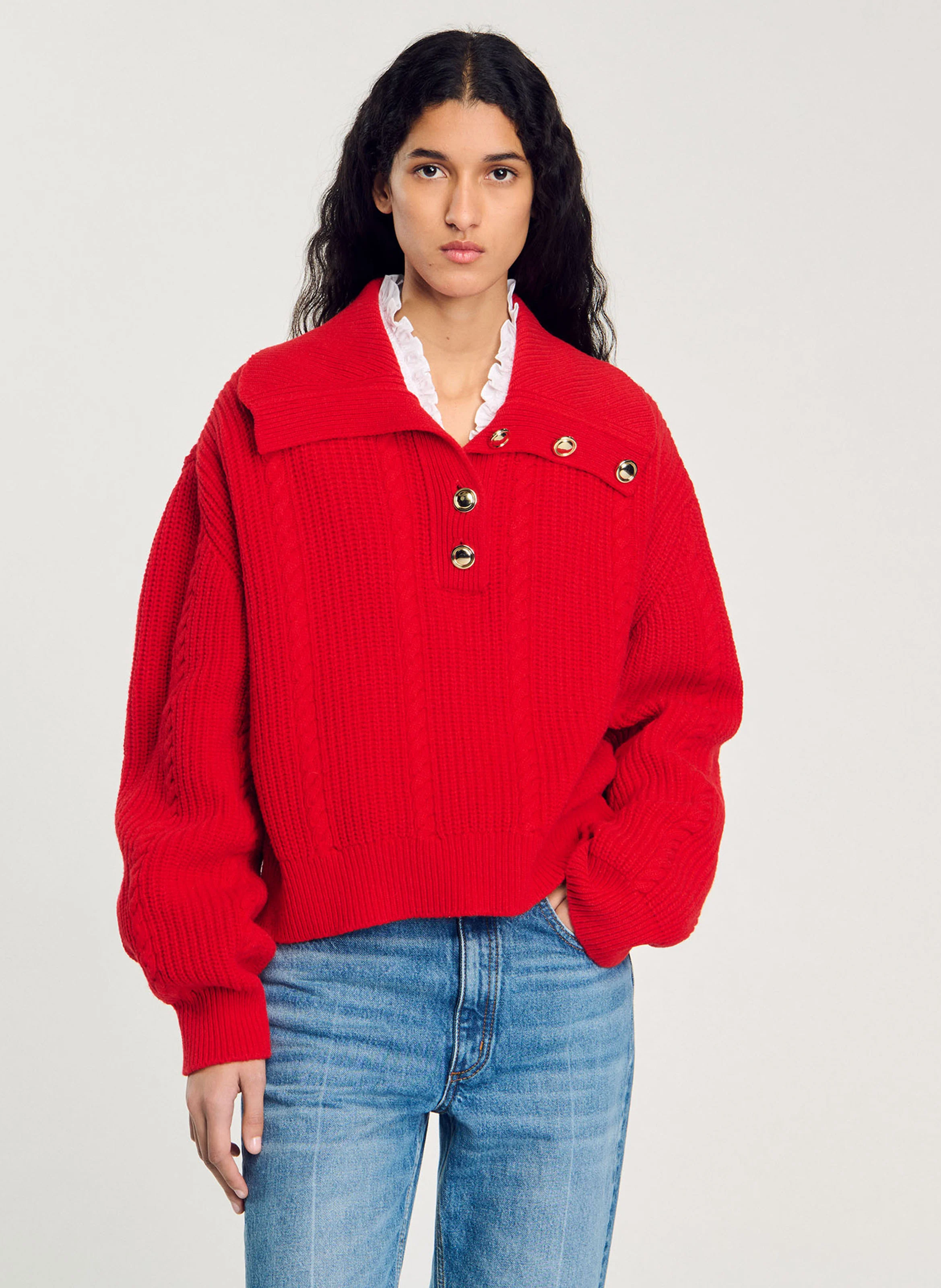Pull à col boutonné en laine mélangée | Rouge