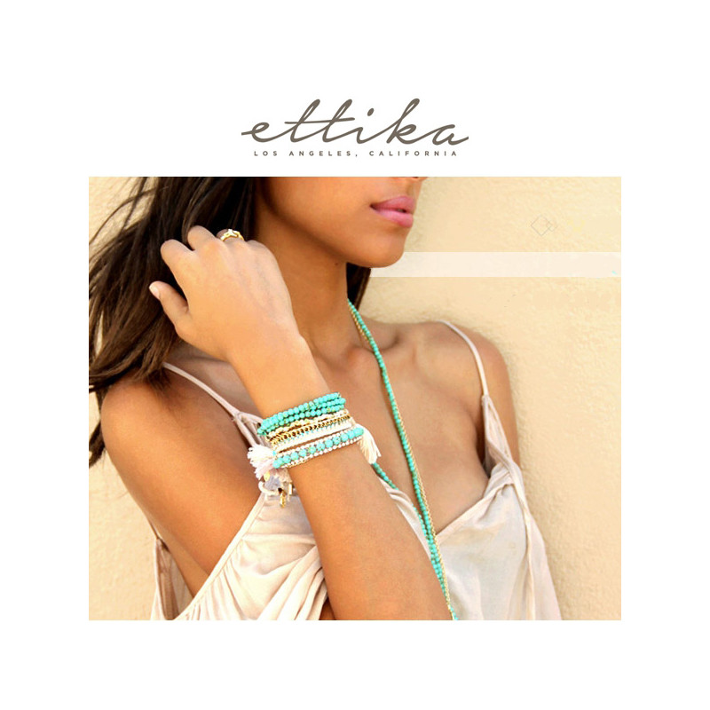Ettika - Bracelet Stretch Wishbone en Or Jaune et Perles en Turquoise