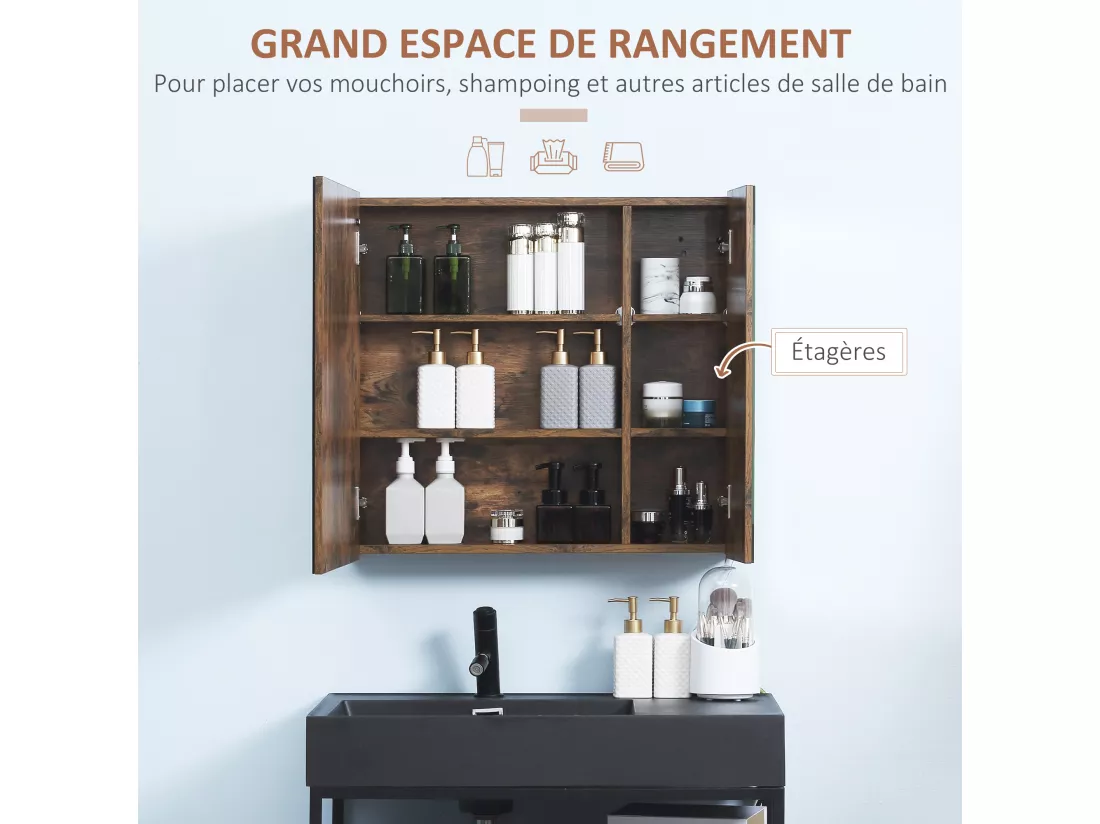 Miroir lumineux LED armoire murale design de salle de bain 2 en 1 dim. 70L x 15l x 65H cm MDF aspect bois