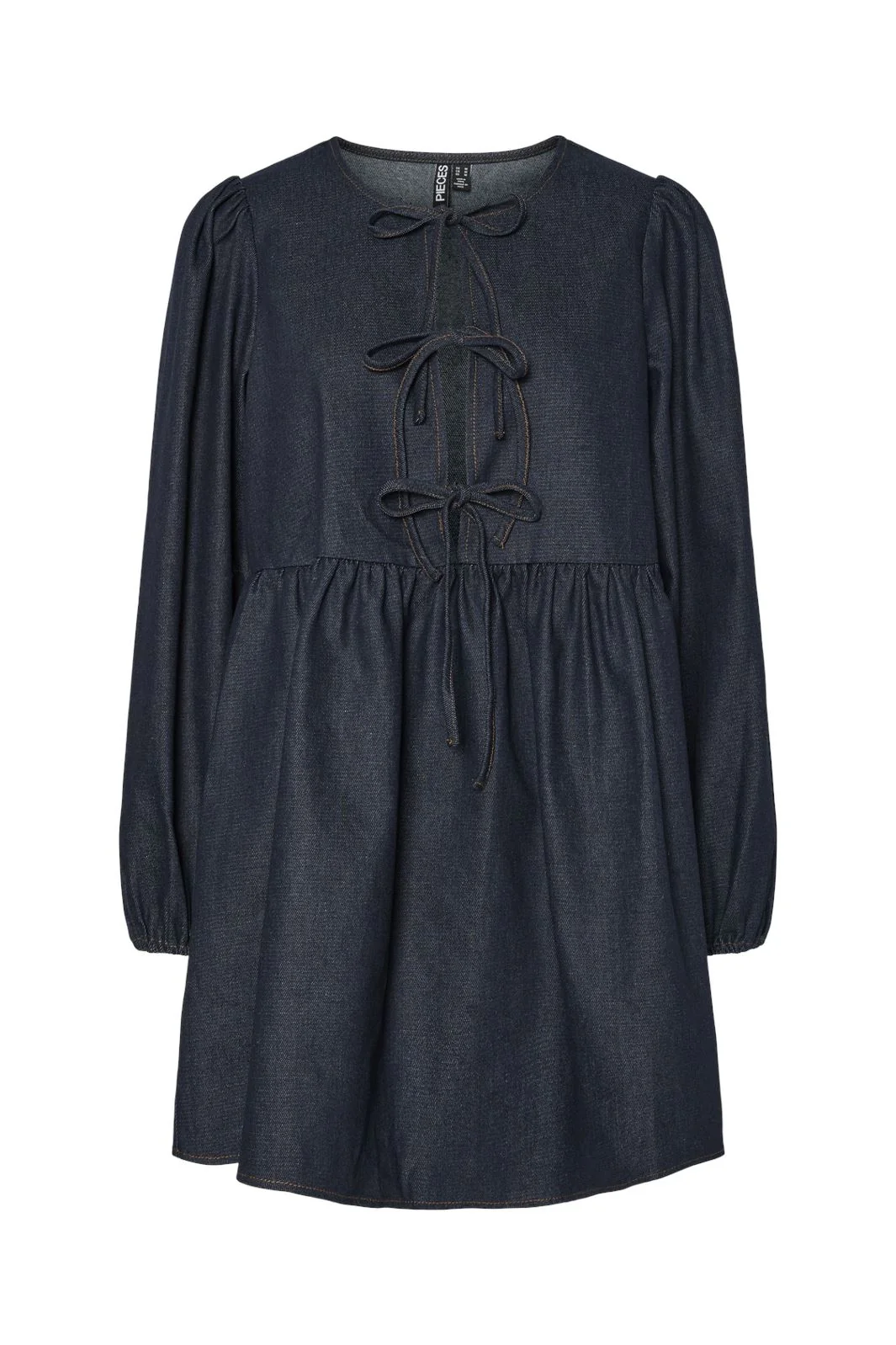 Pieces Pcasta Ls O-Neck Tie Denim Dress