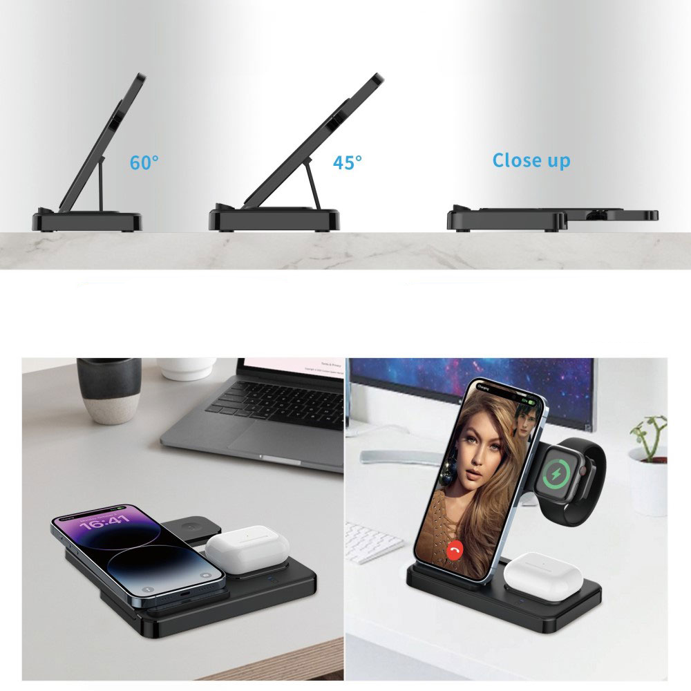 (15W) 3in1 Ladegerät Qi Wireless Charger Faltbarer Ladeständer für Apple Watch / Smartphone / AirPods - Weiss