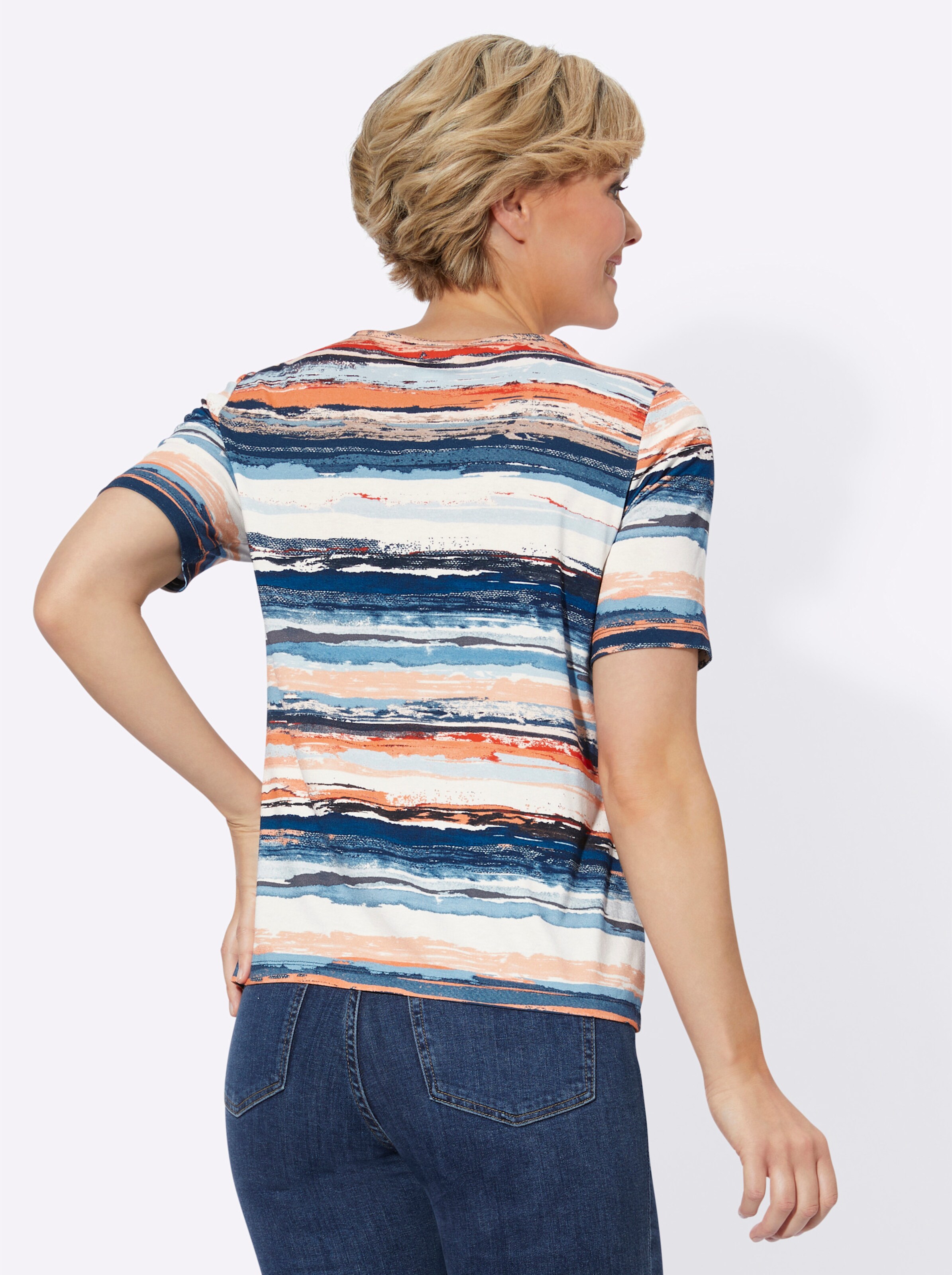 Kurzarmshirt in jeansblau-terra-bedruckt