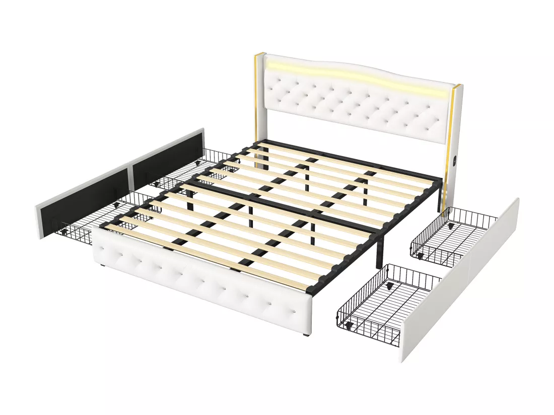 Lit 140x200cm avec Sommier LED et USB, lit Capitonné avec 4 Tiroirs, Cadre de Lit avec Sommier à Lattes, Lit 2 Personnes, PU, Blanc