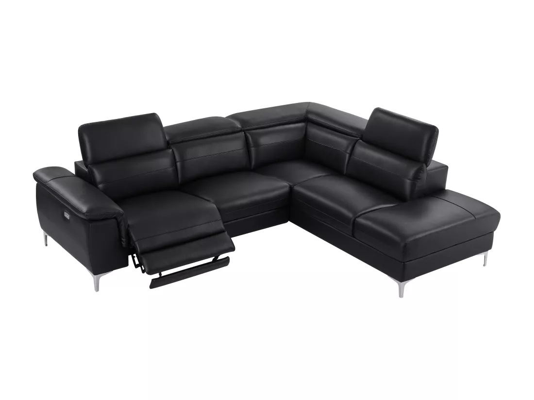 Canapé d'angle droit relax électrique en cuir noir FUSINO