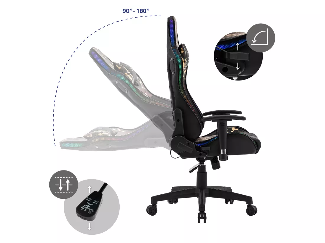 LED Gaming Chair Chaise de bureau Chaise pivotante Réglable Bluetoothboxes ML-Design