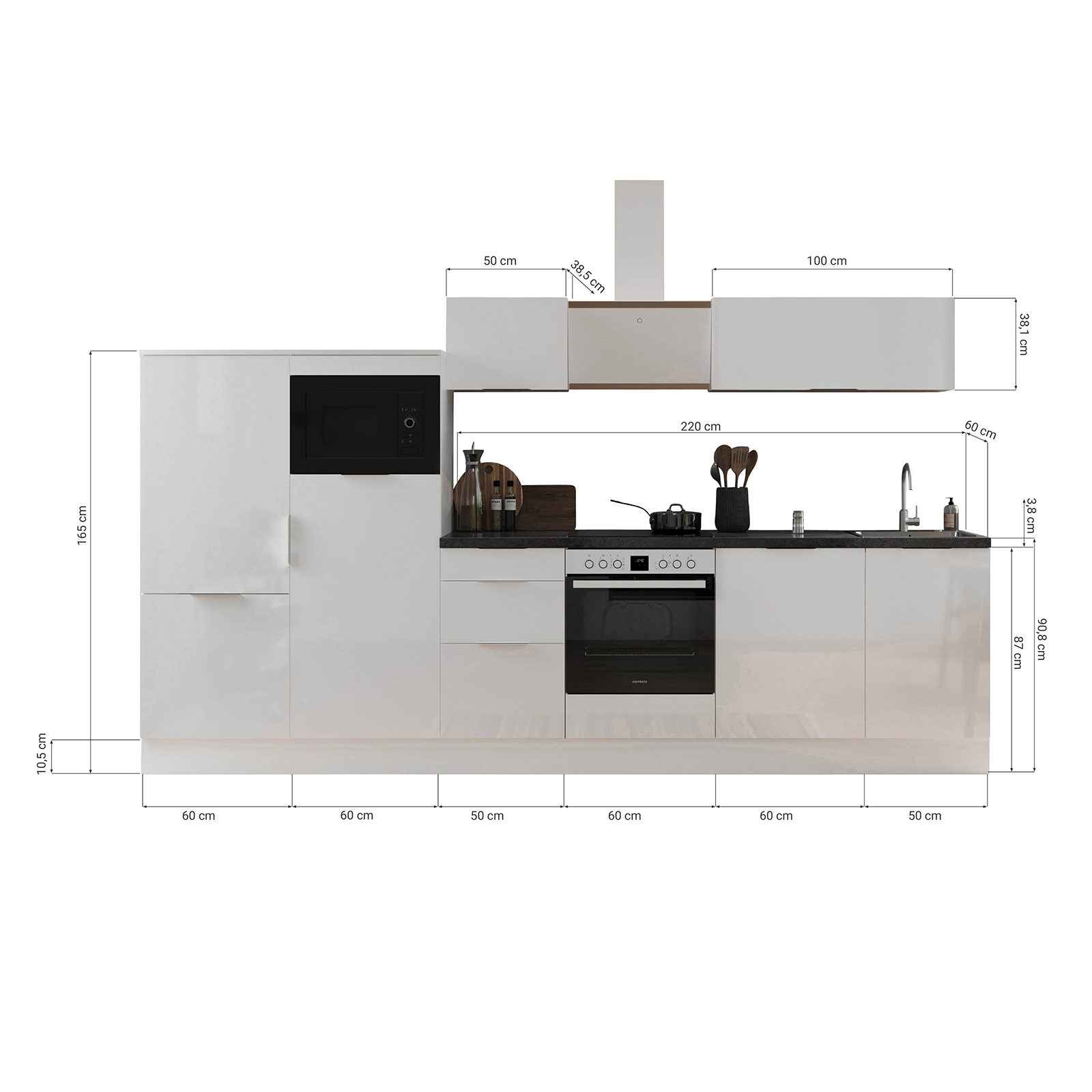 RESPEKTA Küchenblock - grau matt - Artisan Eiche - mit E-Geräten - 340 cm