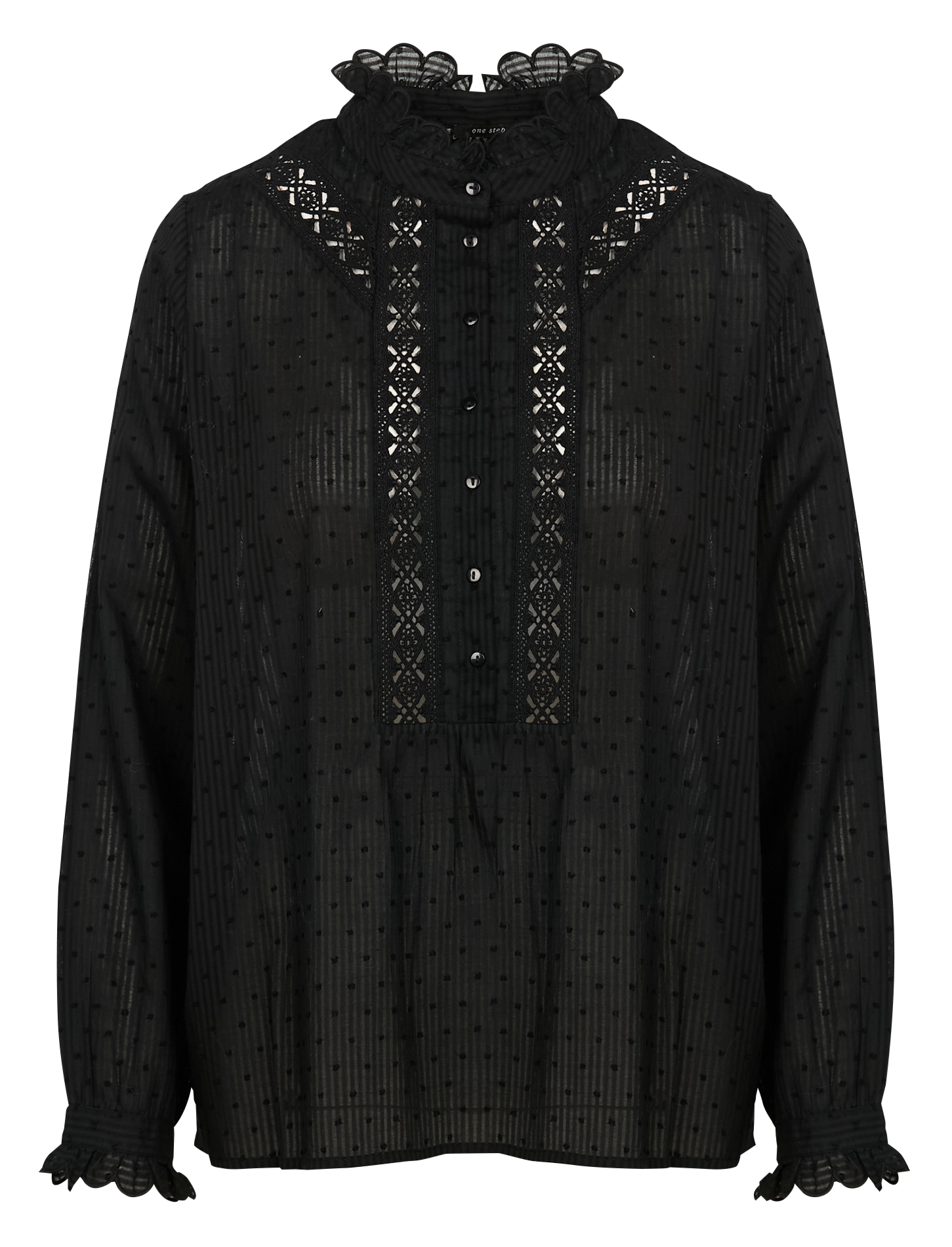 CAROLA - Blouse droite col montant en coton rayé | Noir