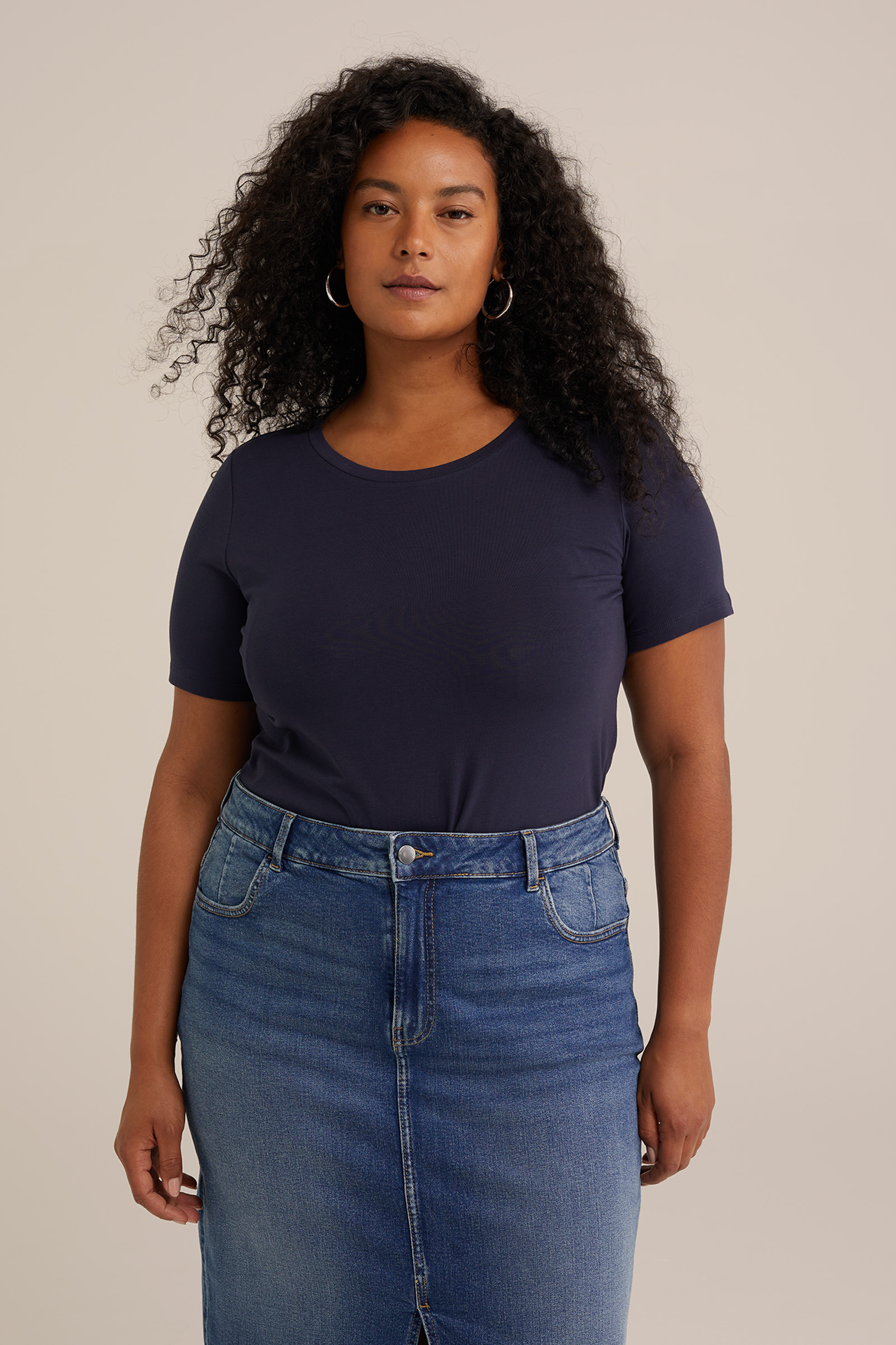 T-shirt - Curve WE Fashion Donkerblauw