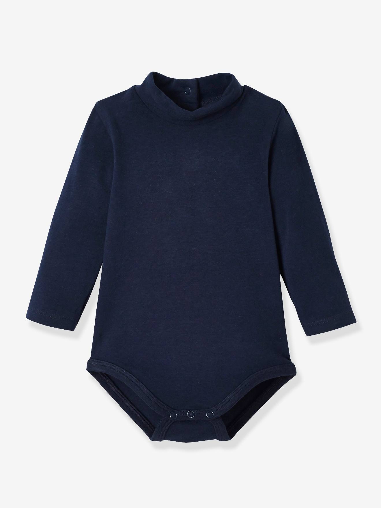 Conjunto de 2 bodies com gola alta e mangas compridas para bebê, cor azul escuro lisa.