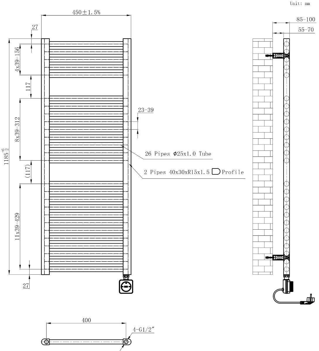 Calor Elara elektrische radiator met Smart Wifi 45x118.5cm mat zwart 700W