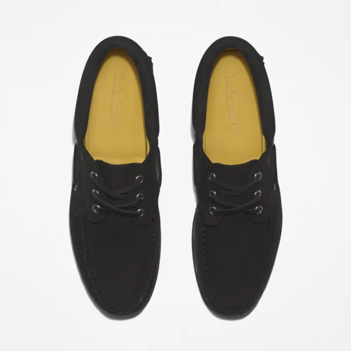 Sapato náutico masculino preto, costurado à mão, com 3 ilhós.