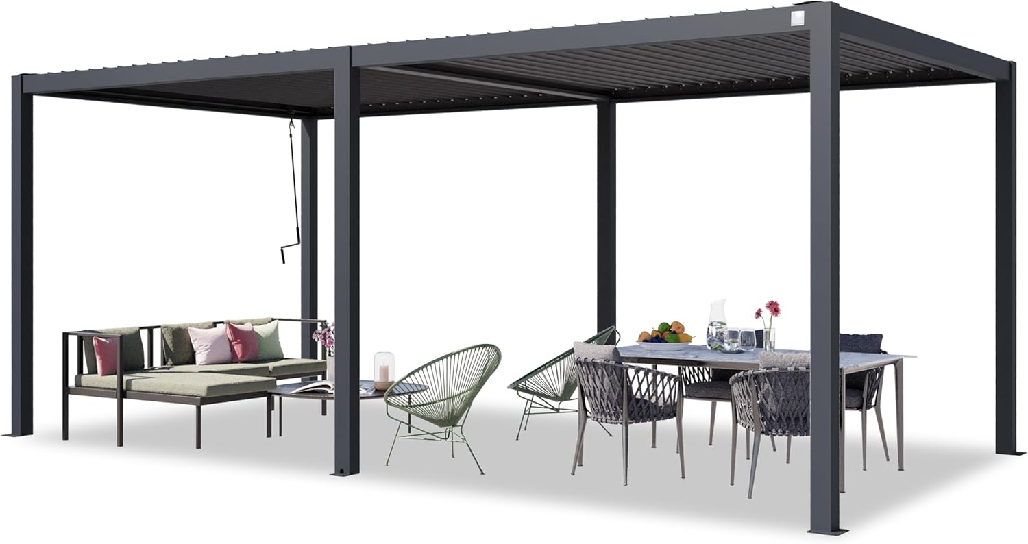PRIMEYARD Pergola 3x6 m Aluminium-Pfosten mit Lamellendach aus Stahl anthrazitfarbene Terrassenüberdachung